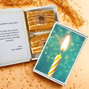 Cake gift box with candle card and handwritten note