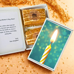 Cake gift box with candle card and handwritten note
